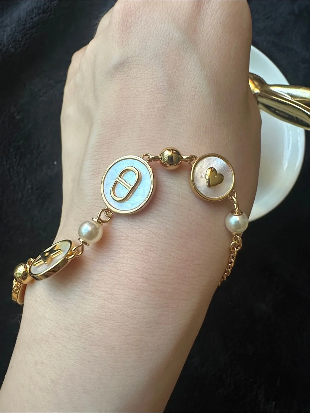 Like New - Dior Gold-Tone Mother-of-Pearl Charm Bracelet with Pearls